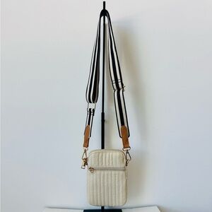 Cream Quilted Crossbody Bag with Striped Strap 🤍